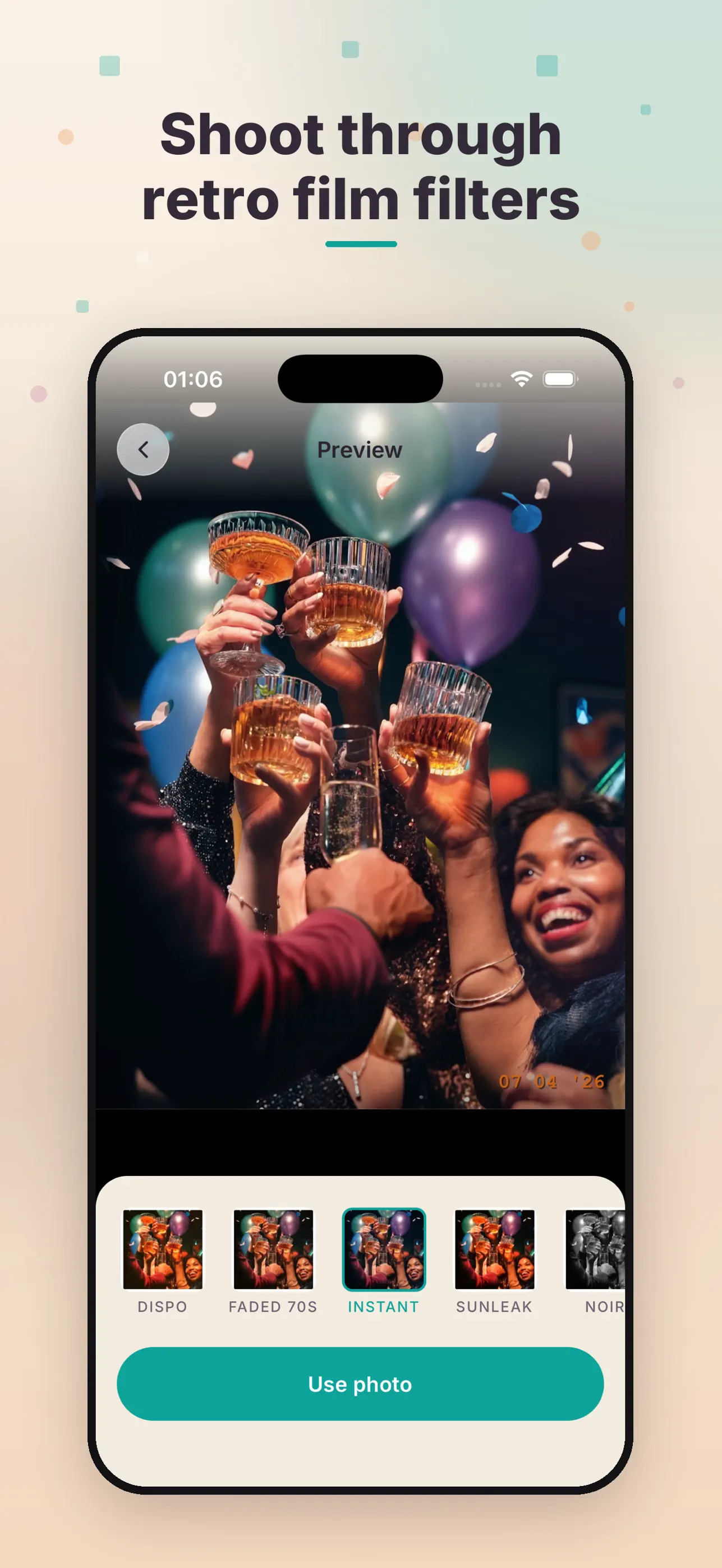 SharedShots camera preview with retro film looks