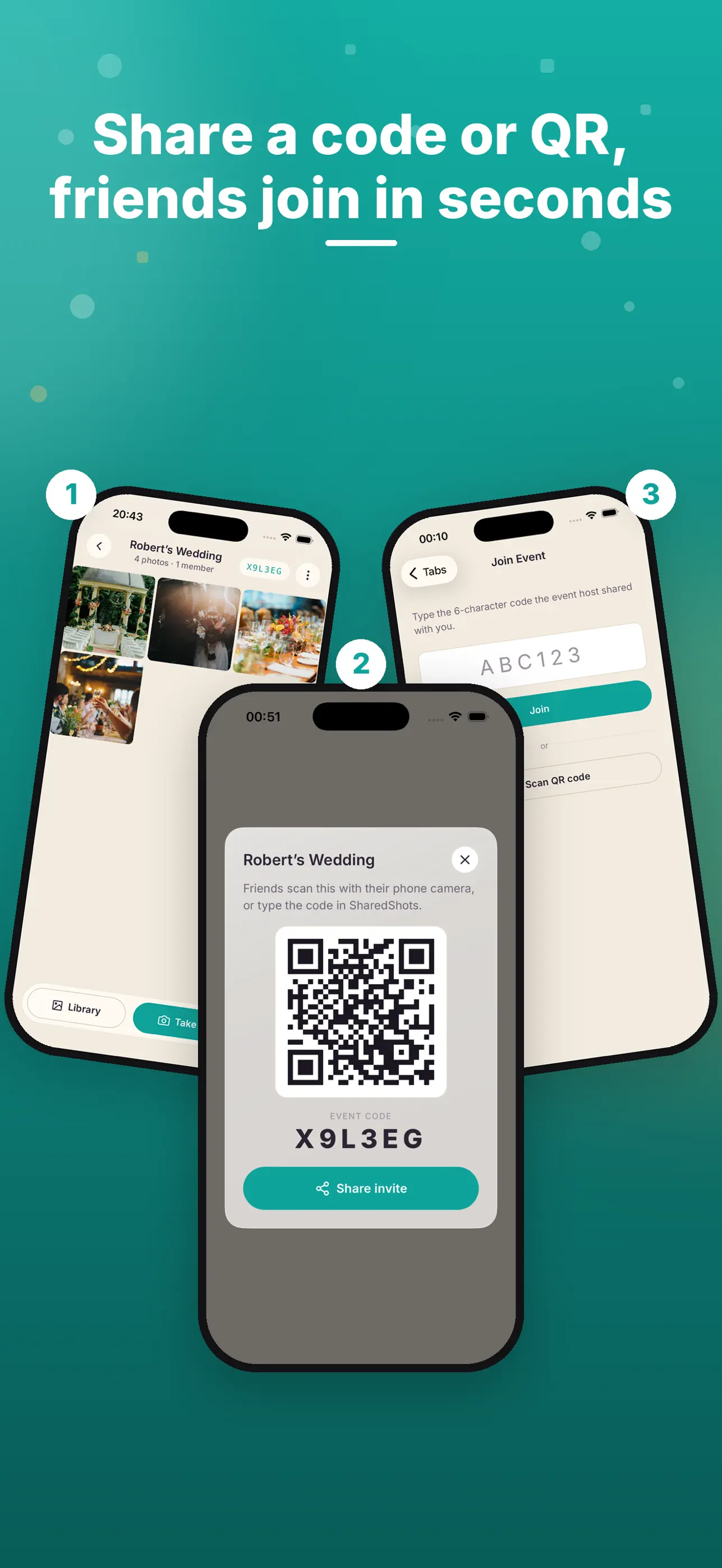 SharedShots join code, QR code, and guest screens
