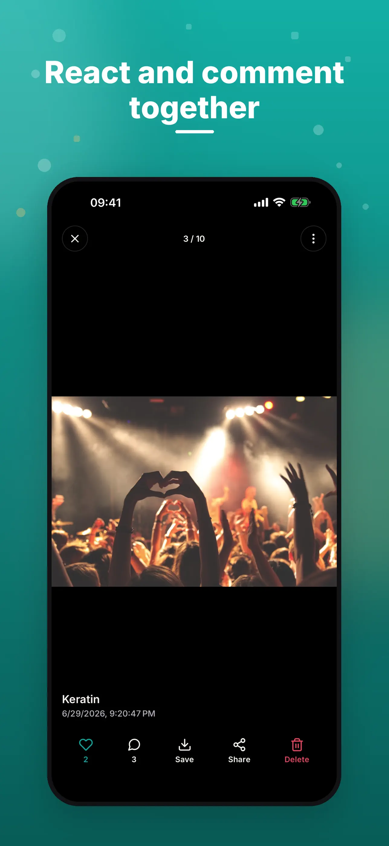 SharedShots photo view with likes, comments, save, and share actions